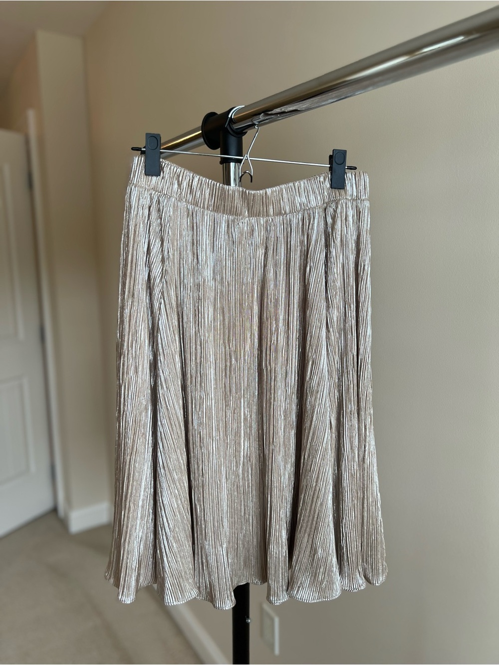 New York & Company Pleated Metallic Midi Skirt - Champagne
